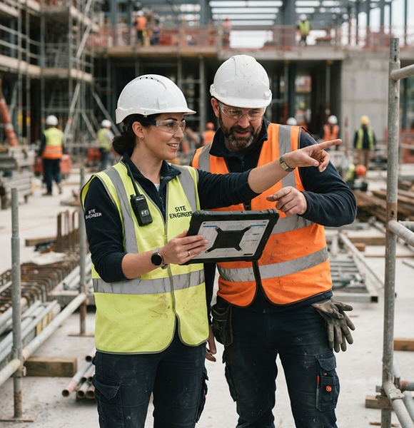 Two construction professionals collaborating over a tablet on site