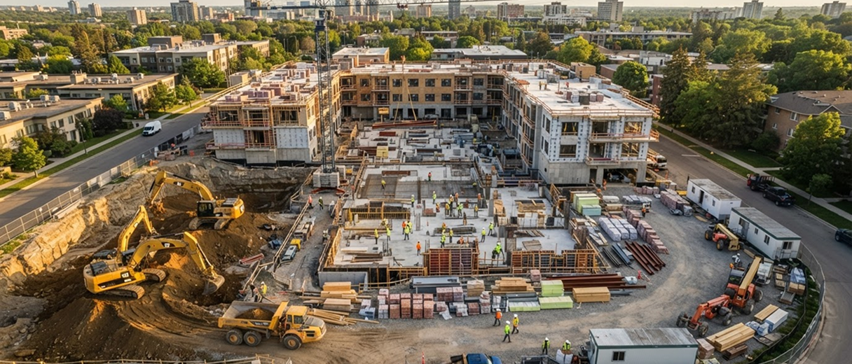 Aerial view of an organized, active construction site