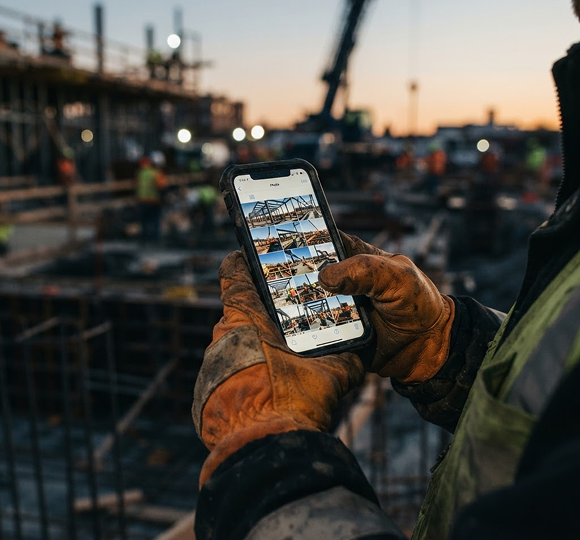 Worker in gloves browsing job site photos on a phone at a construction site